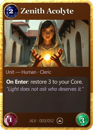 Zenith Acolyte. On Enter: restore 3 to your Core.